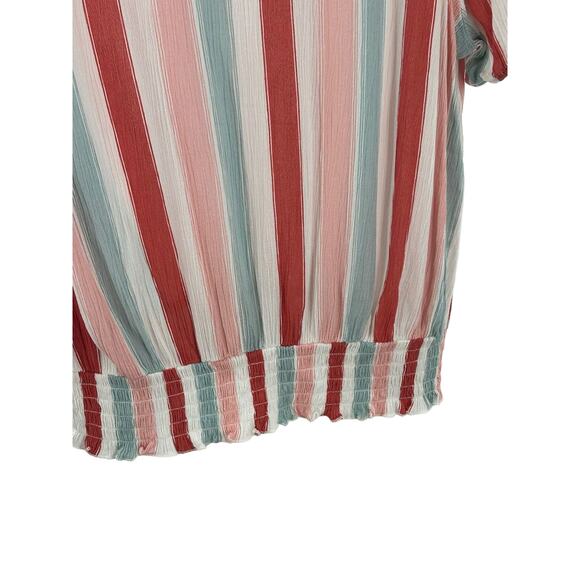 Striped Multicolor Pink Rose Tie Front Top Large Elastic Hem - Picture 7 of 9